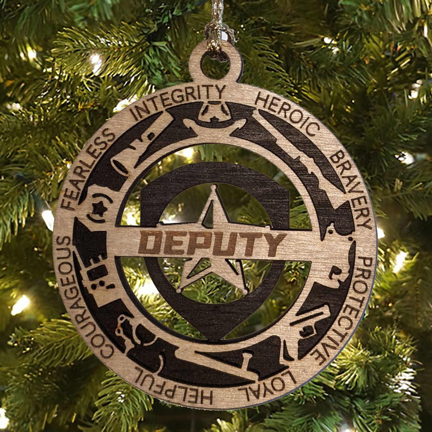 3" Handcrafted Wooden Deputy Christmas Ornament with Cut Background and 5-Point Star Badge - Custom Law Enforcement Holiday Decor