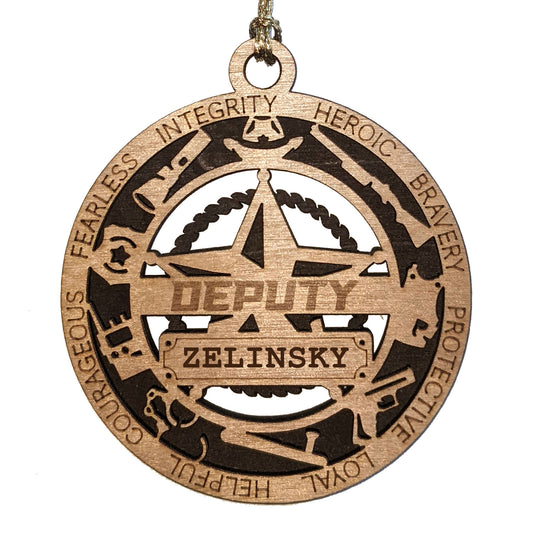 3" Handcrafted Wooden Personalized Deputy Christmas Ornament with Cut Background and 5-Point Star Badge - Custom Law Enforcement Holiday Decor