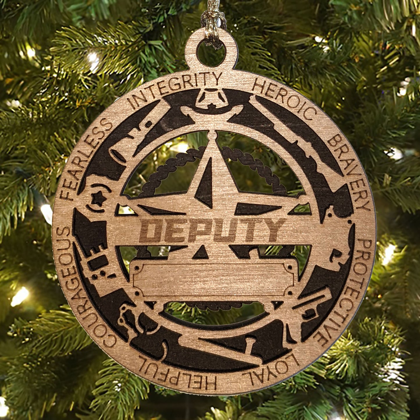 3" Handcrafted Wooden Personalized Deputy Christmas Ornament with Cut Background and 5-Point Star Badge - Custom Law Enforcement Holiday Decor