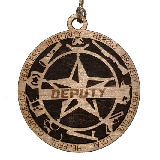 3" Handcrafted Wooden Deputy Christmas Ornament with Solid Background and 5-Point Star Badge - Custom Sheriff's Office Holiday Decor