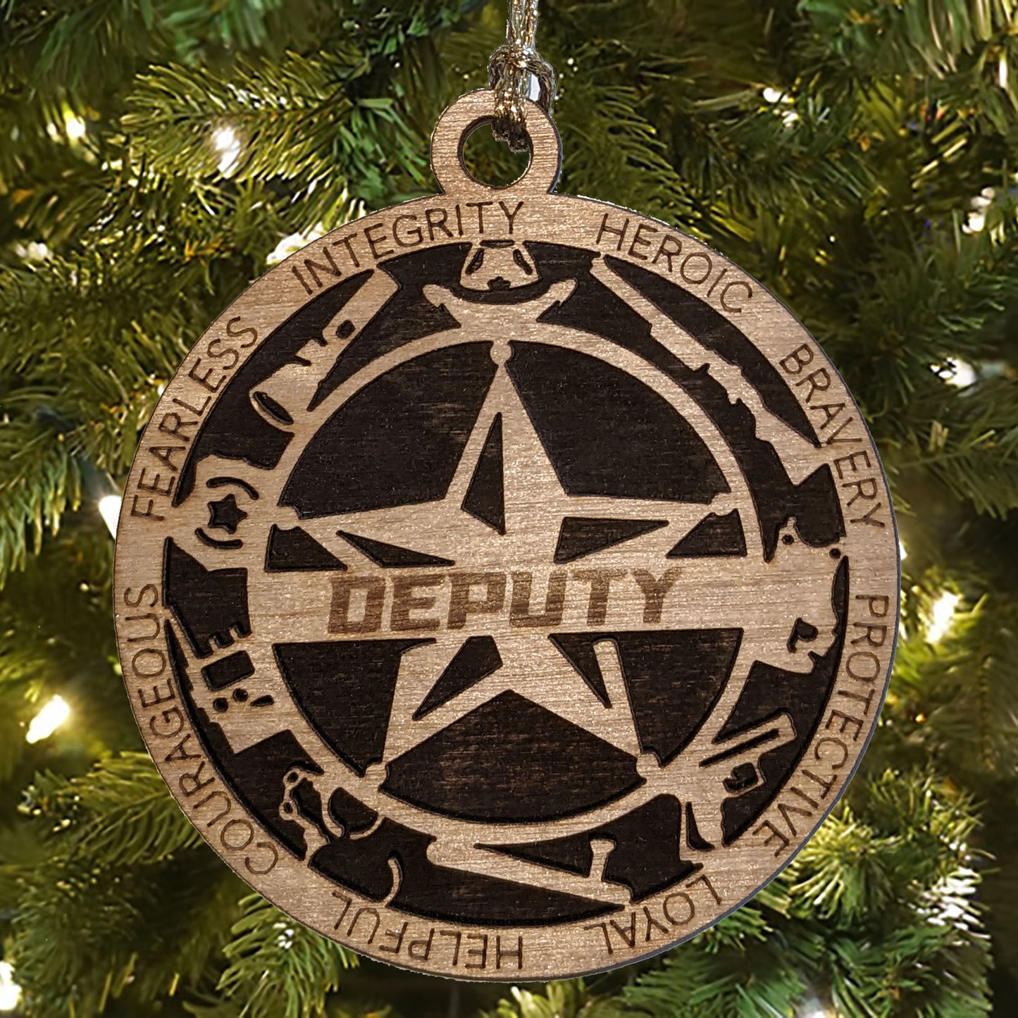 3" Handcrafted Wooden Deputy Christmas Ornament with Solid Background and 5-Point Star Badge - Custom Sheriff's Office Holiday Decor