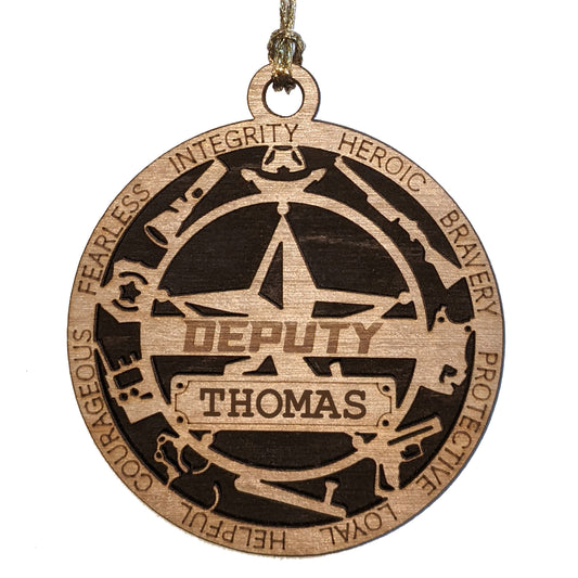 3" Handcrafted Wooden Personalized Deputy Christmas Ornament with Solid Background and 5-Point Star Badge - Custom Sheriff's Office Holiday Decor