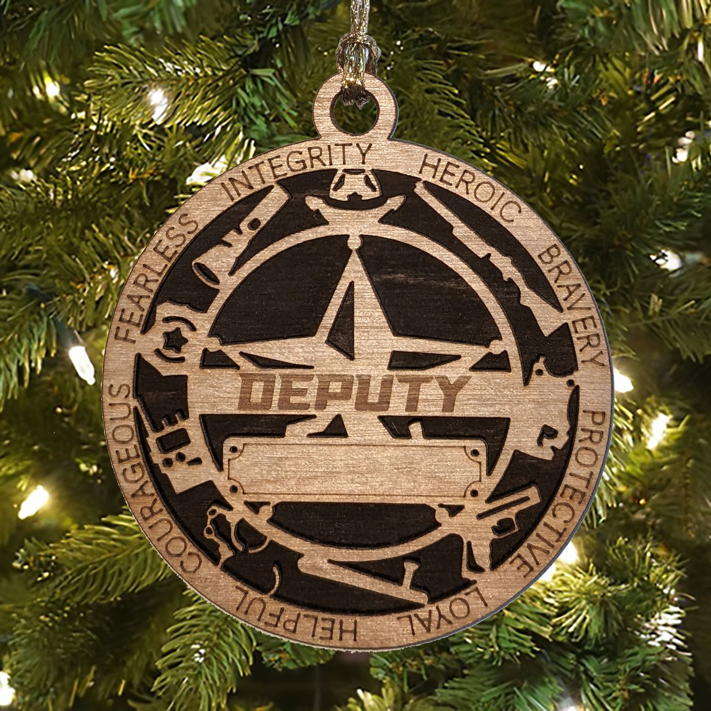 3" Handcrafted Wooden Personalized Deputy Christmas Ornament with Solid Background and 5-Point Star Badge - Custom Sheriff's Office Holiday Decor