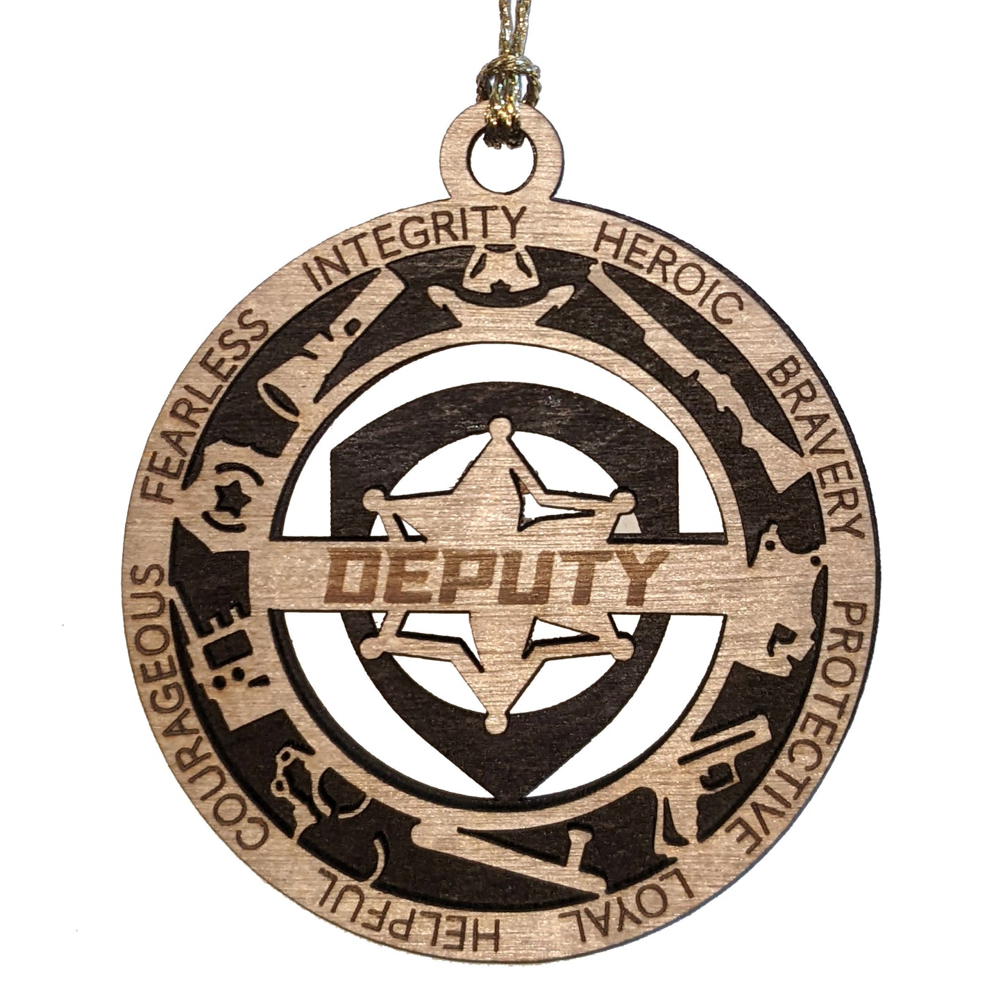 3" Laser Cut Handcrafted Wooden Deputy Christmas Ornament with Cut Background and 6 Point Star Badge - Custom Law Enforcement Holiday Decor