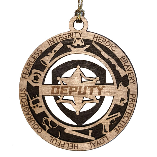 3" Laser Cut Handcrafted Wooden Deputy Christmas Ornament with Cut Background and 6 Point Star Badge - Custom Law Enforcement Holiday Decor