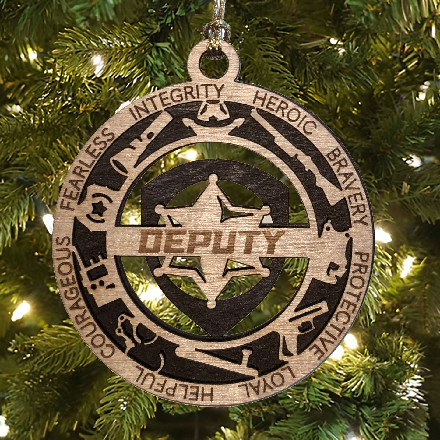 3" Laser Cut Handcrafted Wooden Deputy Christmas Ornament with Cut Background and 6 Point Star Badge - Custom Law Enforcement Holiday Decor