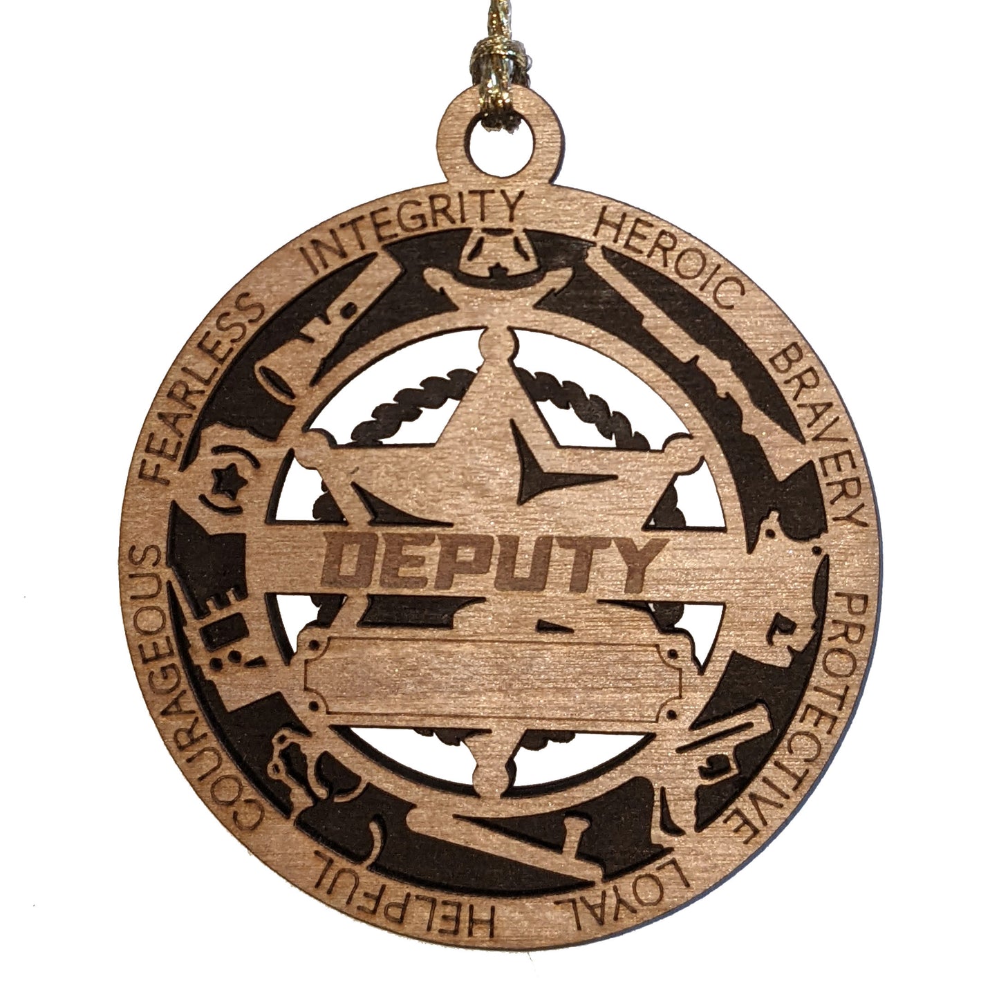 3" Laser Cut Handcrafted Wooden Personalized Deputy Christmas Ornament with Cut Background and 6 Point Star Badge - Custom Law Enforcement Holiday Decor