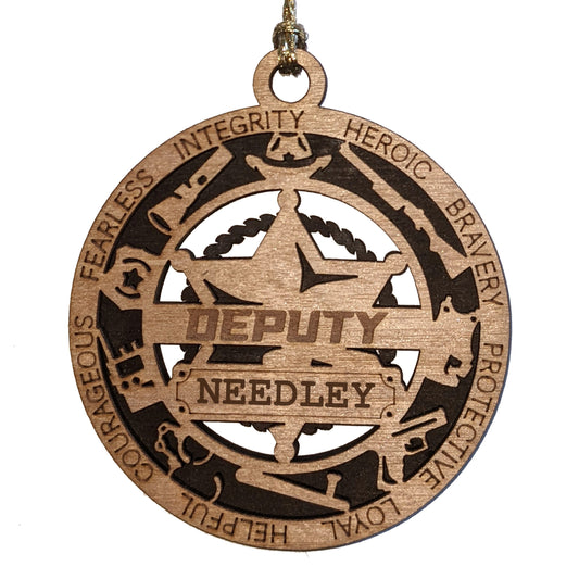 3" Laser Cut Handcrafted Wooden Personalized Deputy Christmas Ornament with Cut Background and 6 Point Star Badge - Custom Law Enforcement Holiday Decor