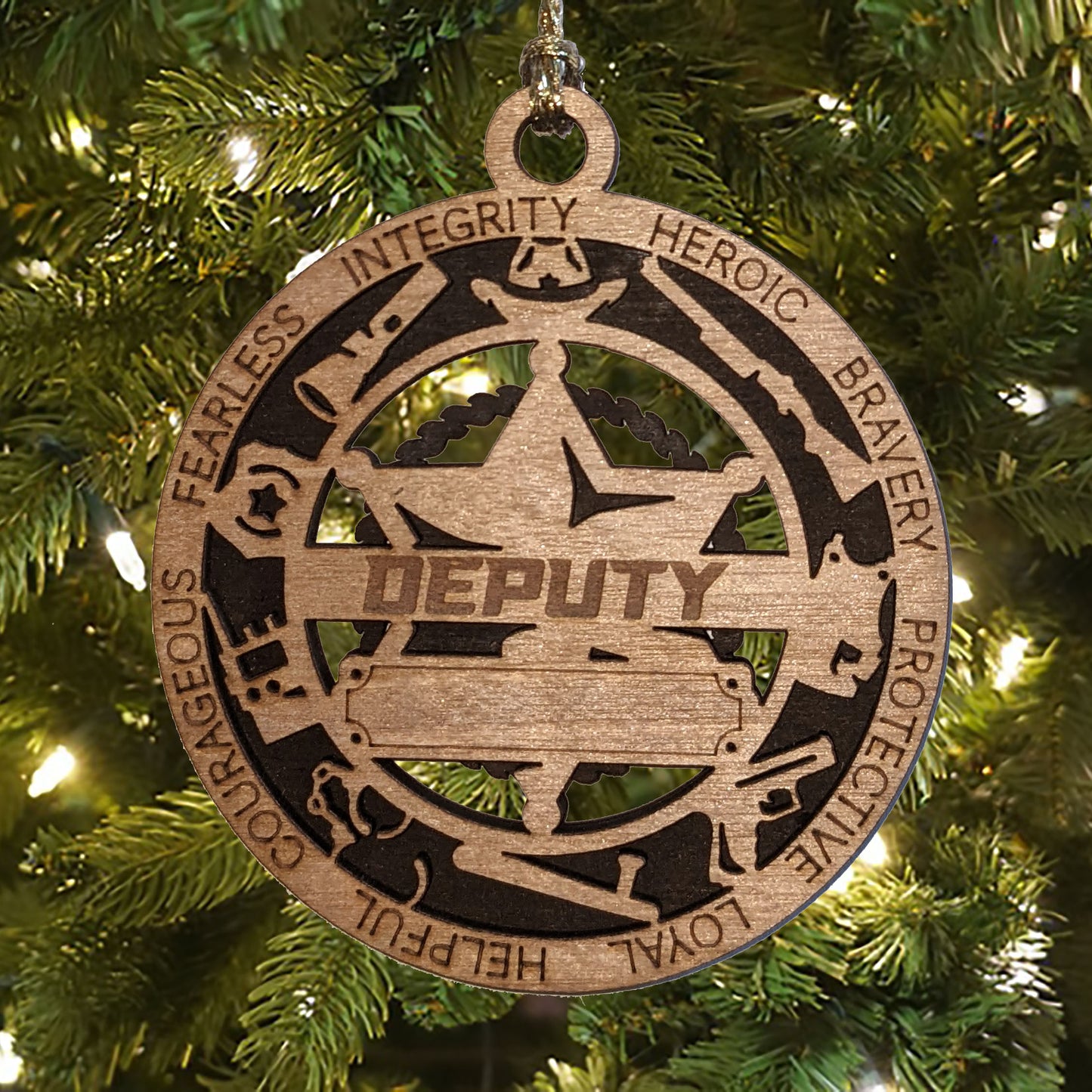 3" Laser Cut Handcrafted Wooden Personalized Deputy Christmas Ornament with Cut Background and 6 Point Star Badge - Custom Law Enforcement Holiday Decor