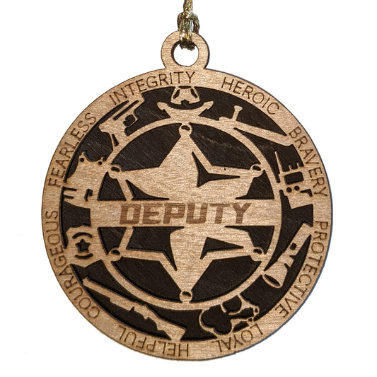 3" Handcrafted Wooden Deputy Christmas Ornament with Solid Background and 6-Point Star Badge - Custom Law Enforcement Holiday Decor