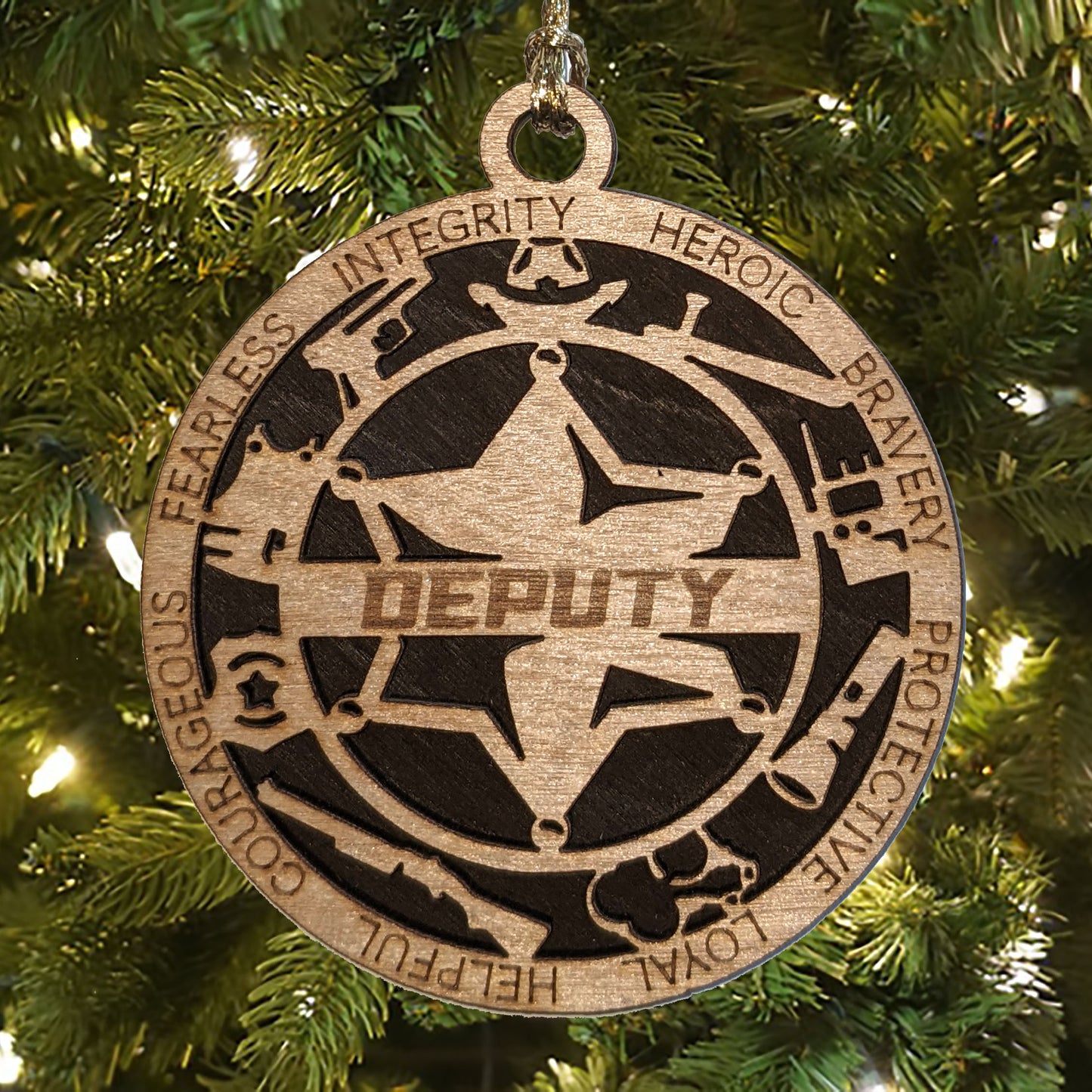 3" Handcrafted Wooden Deputy Christmas Ornament with Solid Background and 6-Point Star Badge - Custom Law Enforcement Holiday Decor