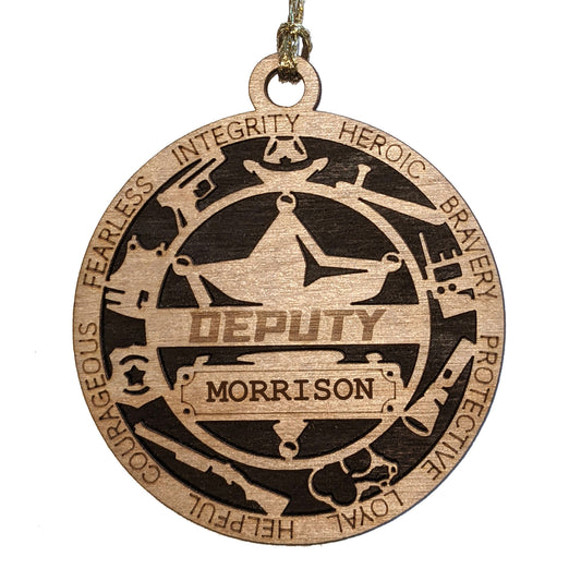 3" Handcrafted Wooden Personalized Deputy Christmas Ornament with Solid Background and 6-Point Star Badge - Custom Law Enforcement Holiday Decor