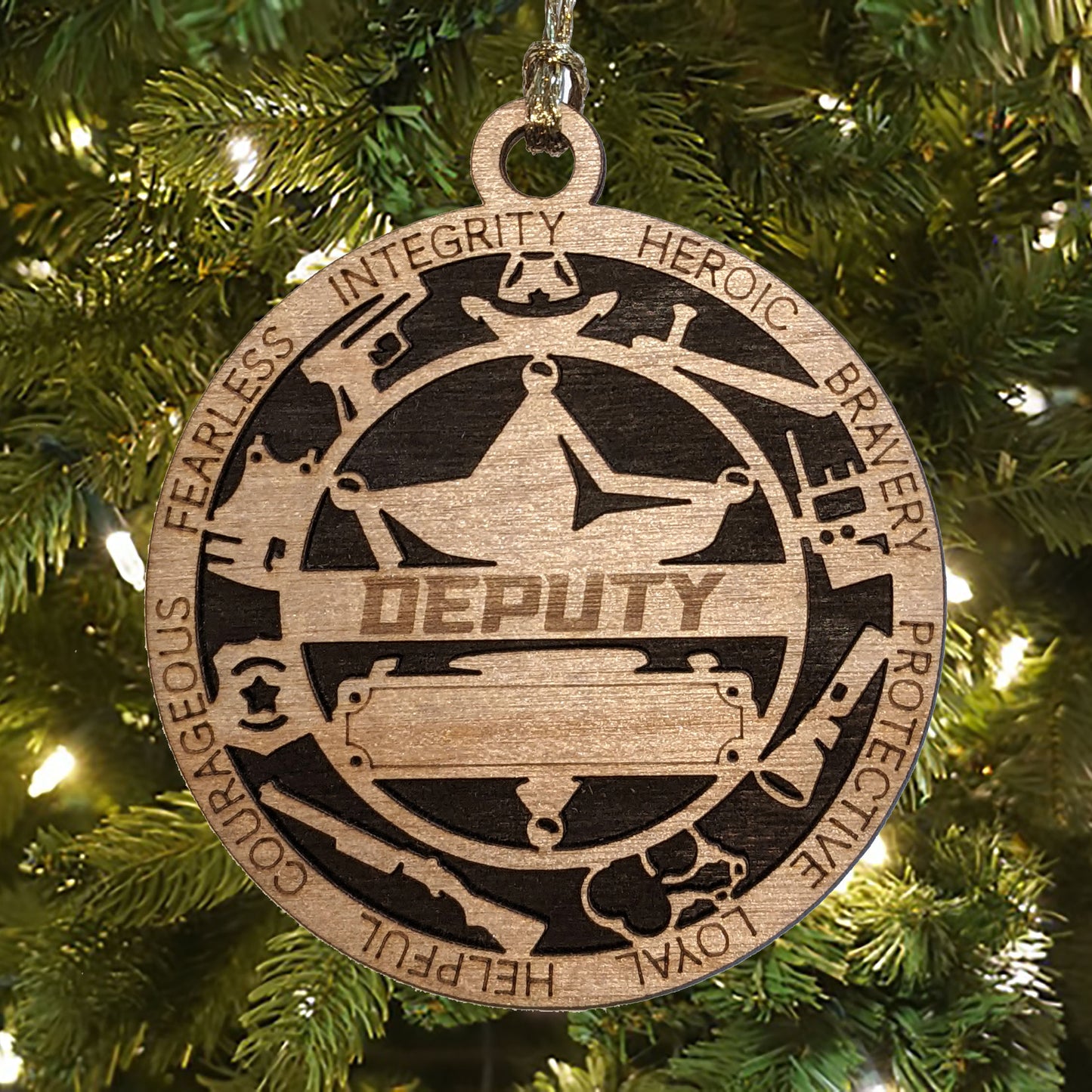 3" Handcrafted Wooden Personalized Deputy Christmas Ornament with Solid Background and 6-Point Star Badge - Custom Law Enforcement Holiday Decor