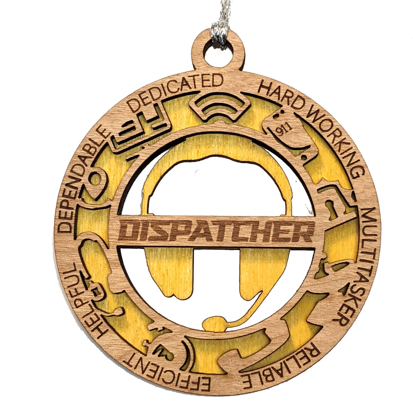 3" Handcrafted Wooden Dispatcher Christmas Ornament with Cut Background - Custom First Responder Holiday Decor