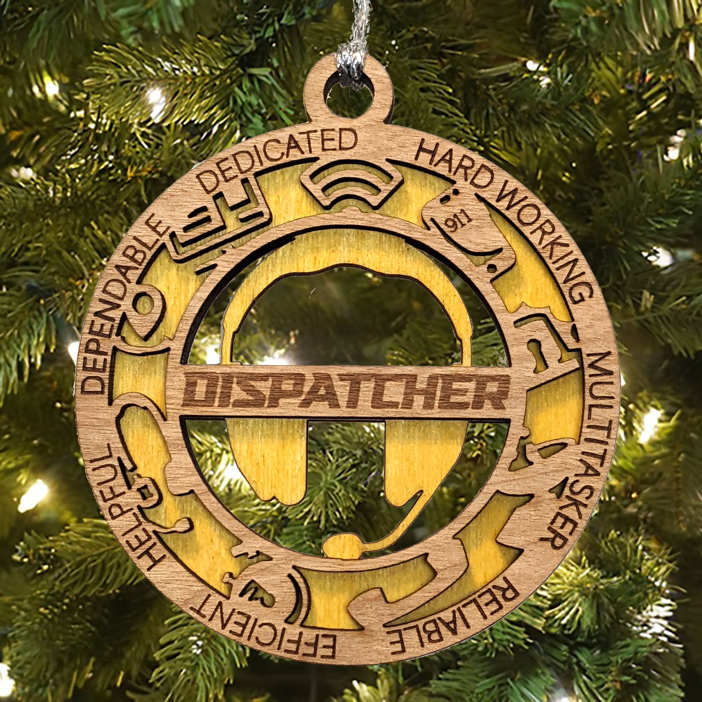 3" Handcrafted Wooden Dispatcher Christmas Ornament with Cut Background - Custom First Responder Holiday Decor