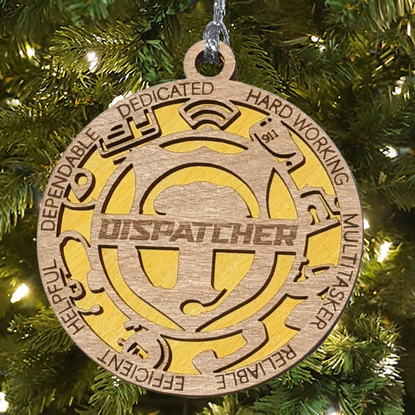 3" Handcrafted Wooden Dispatcher Christmas Ornament - Custom First Responder Gift with Solid Background
