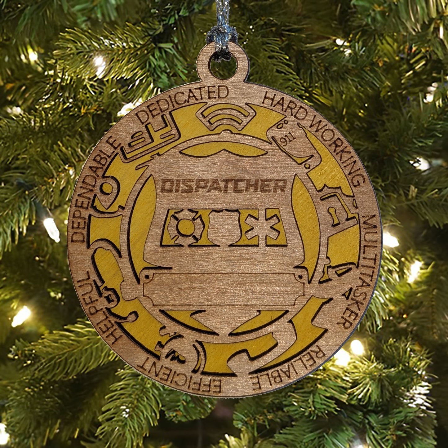 3" Handcrafted Wooden Personalized Dispatcher Christmas Ornament - Custom First Responder Gift with Solid Background
