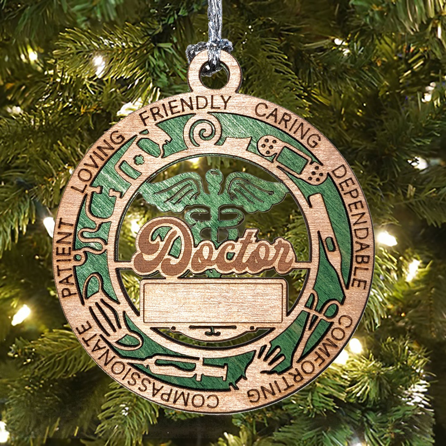 Handcrafted 3" Round Wooden Doctor Christmas Ornament, 2-Layer Laser Cut Design, Customizable Text & Color Background, Medical Icons: Stethoscope, Syringe, Band-Aid, Made in USA, Perfect Gift!