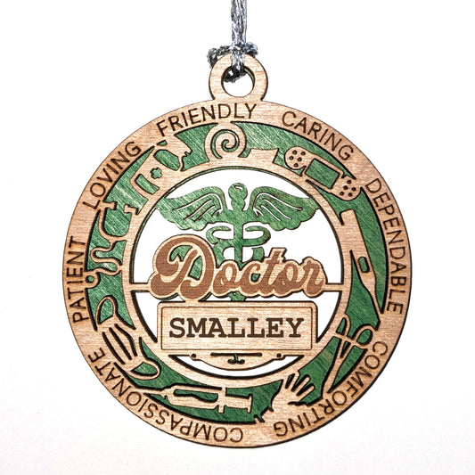 Handcrafted 3" Doctor Themed Christmas Ornament, 2-Layer Laser Cut Wood, Customizable Text, Caduceus & Medical Icons, Colored Background Options, Made in USA, Perfect Gift for Healthcare Heroes