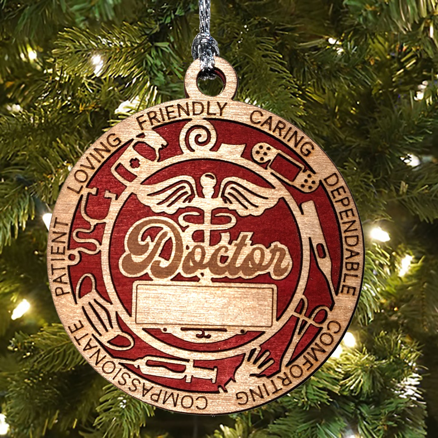 Handcrafted 3" Doctor Themed Christmas Ornament, 2-Layer Laser Cut Wood, Customizable Text, Caduceus & Medical Icons, Colored Background Options, Made in USA, Perfect Gift for Healthcare Heroes