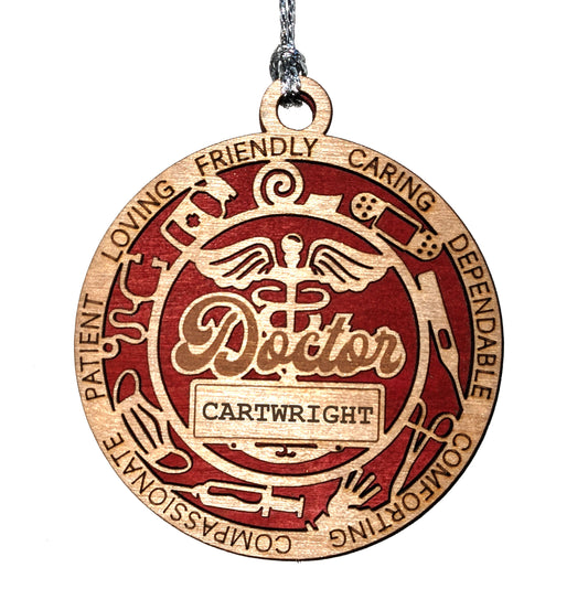 Handcrafted 3" Doctor Themed Christmas Ornament, 2-Layer Laser Cut Wood, Customizable Text, Natural Wood Top, Colored Background Options, Medical Icons, Perfect Gift, Made in USA, Personalized