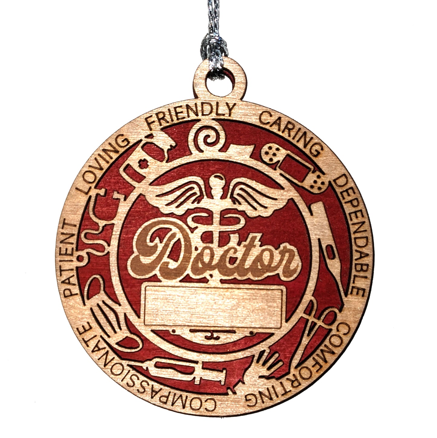 Handcrafted 3" Doctor Themed Christmas Ornament, 2-Layer Laser Cut Wood, Customizable Text, Caduceus & Medical Icons, Colored Background Options, Made in USA, Perfect Gift for Healthcare Heroes