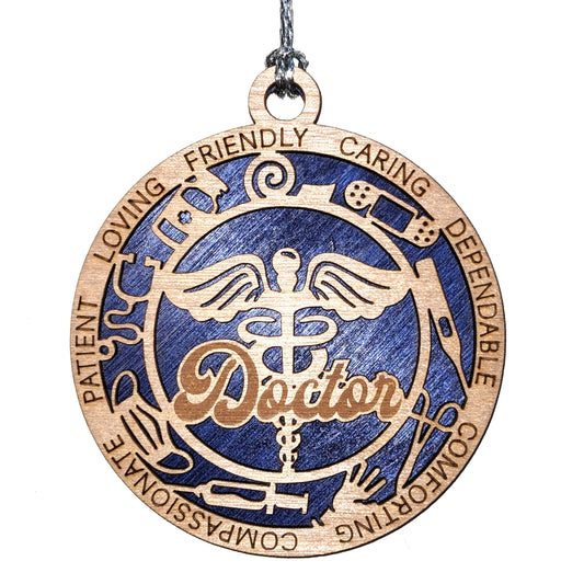 Handcrafted 3" Round Wooden Doctor Christmas Ornament, 2-Layer Laser Cut Design, Customizable Text & Color Background, Medical Icons: Stethoscope, Syringe, Band-Aid, Made in USA, Perfect Gift!