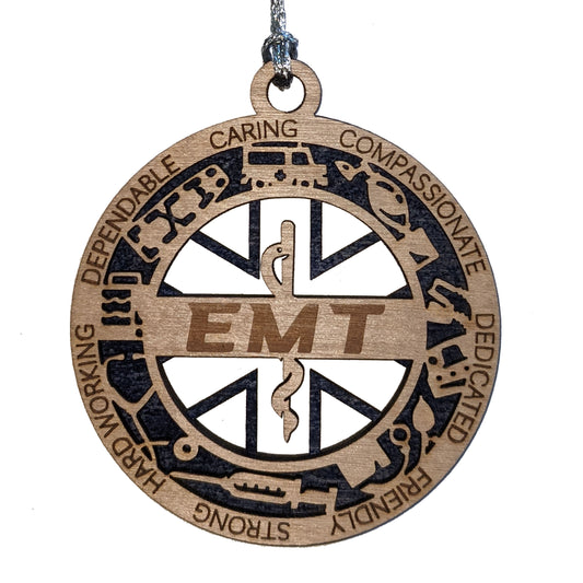 3" Laser Cut Handcrafted Wooden EMT Christmas Ornament with Cut Background - Custom First Responder Holiday Decor