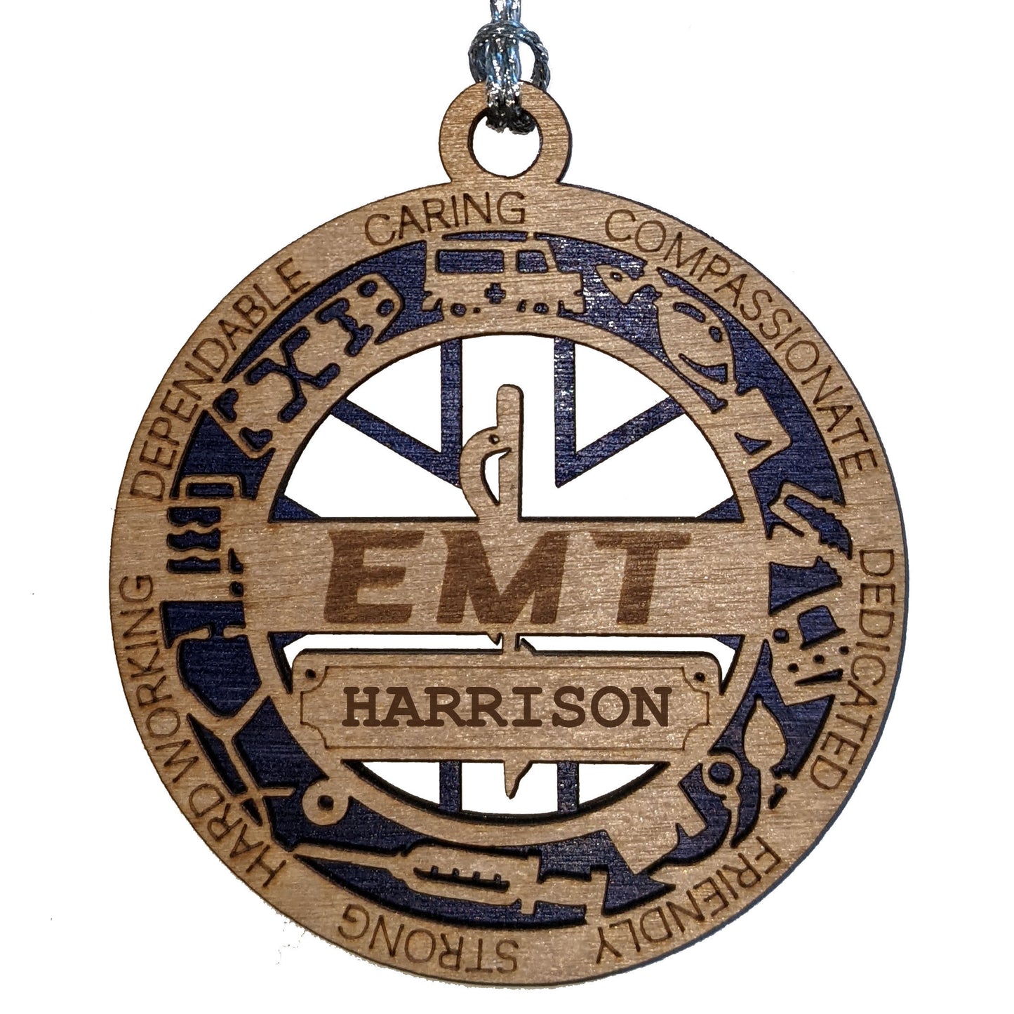 3" Laser Cut Handcrafted Wooden Personalized EMT Christmas Ornament with Cut Background - Custom First Responder Holiday Decor