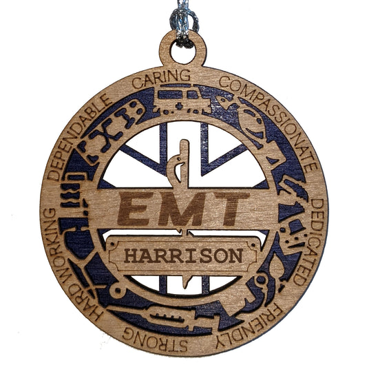 3" Laser Cut Handcrafted Wooden Personalized EMT Christmas Ornament with Cut Background - Custom First Responder Holiday Decor