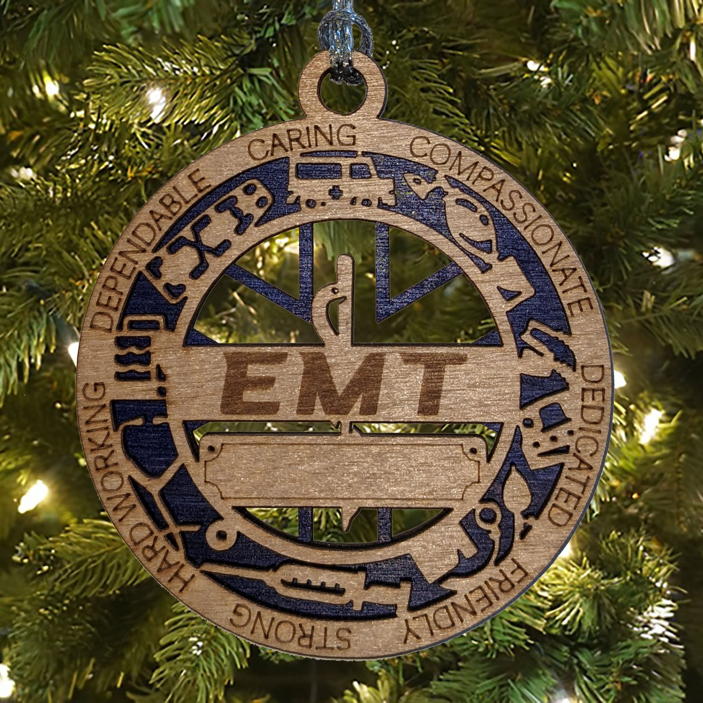 3" Laser Cut Handcrafted Wooden Personalized EMT Christmas Ornament with Cut Background - Custom First Responder Holiday Decor