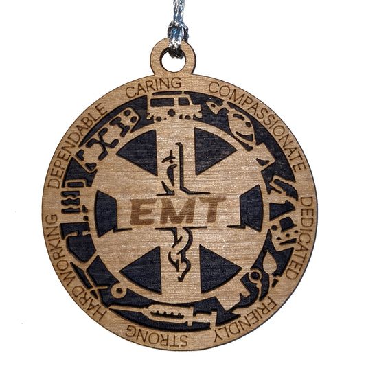 3" Handcrafted Wooden EMT Christmas Ornament - Custom Emergency Medical Technician Holiday Decor with Solid Background