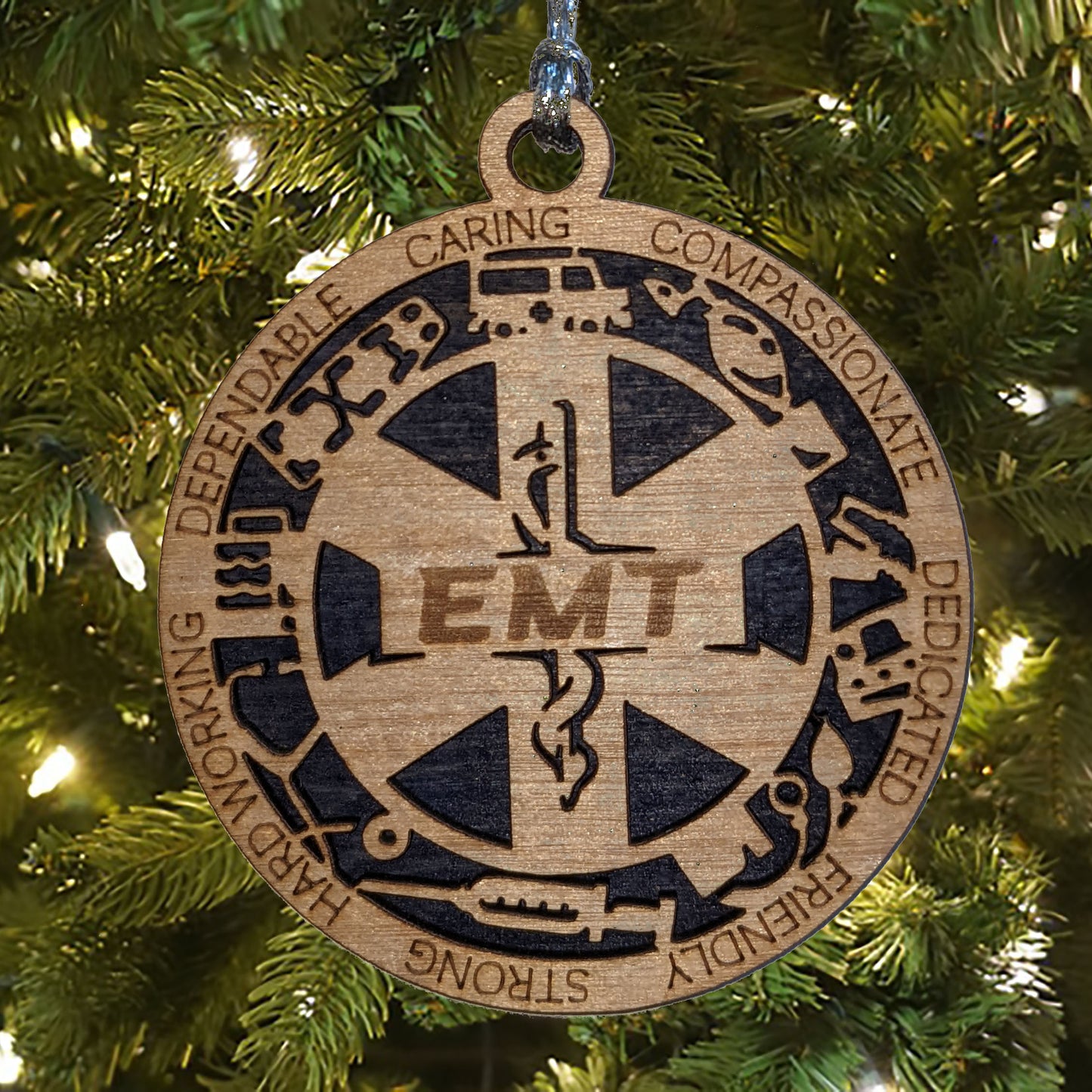 3" Handcrafted Wooden EMT Christmas Ornament - Custom Emergency Medical Technician Holiday Decor with Solid Background