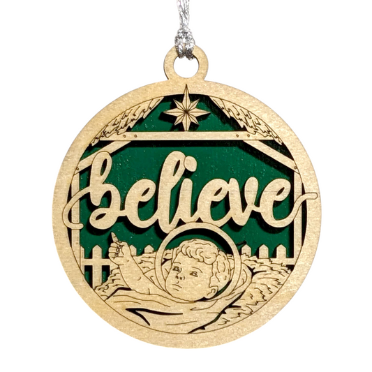 "Believe" Handcrafted Wooden Christmas Ornament - 3" Round Laser Cut Manger Scene with Baby Jesus & Believe Text - 2 Layer Natural Wood Holiday Decor Made in USA