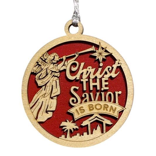 Christ The Savior Is Born - Christmas Ornament - 3" Round Laser Cut Wood Decoration, 2 Layer Natural & Stained, Angel Manger Design, Handcrafted USA Small Business