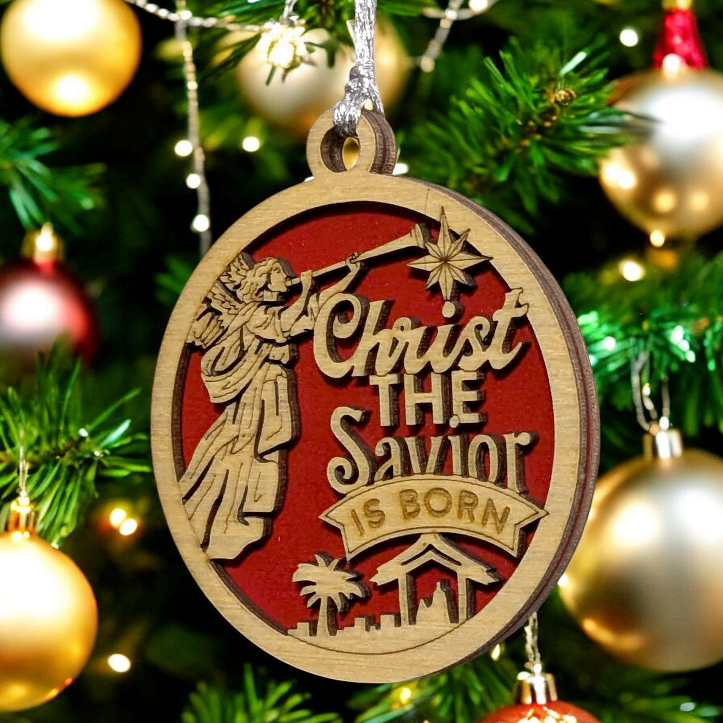 Christ The Savior Is Born - Christmas Ornament - 3" Round Laser Cut Wood Decoration, 2 Layer Natural & Stained, Angel Manger Design, Handcrafted USA Small Business