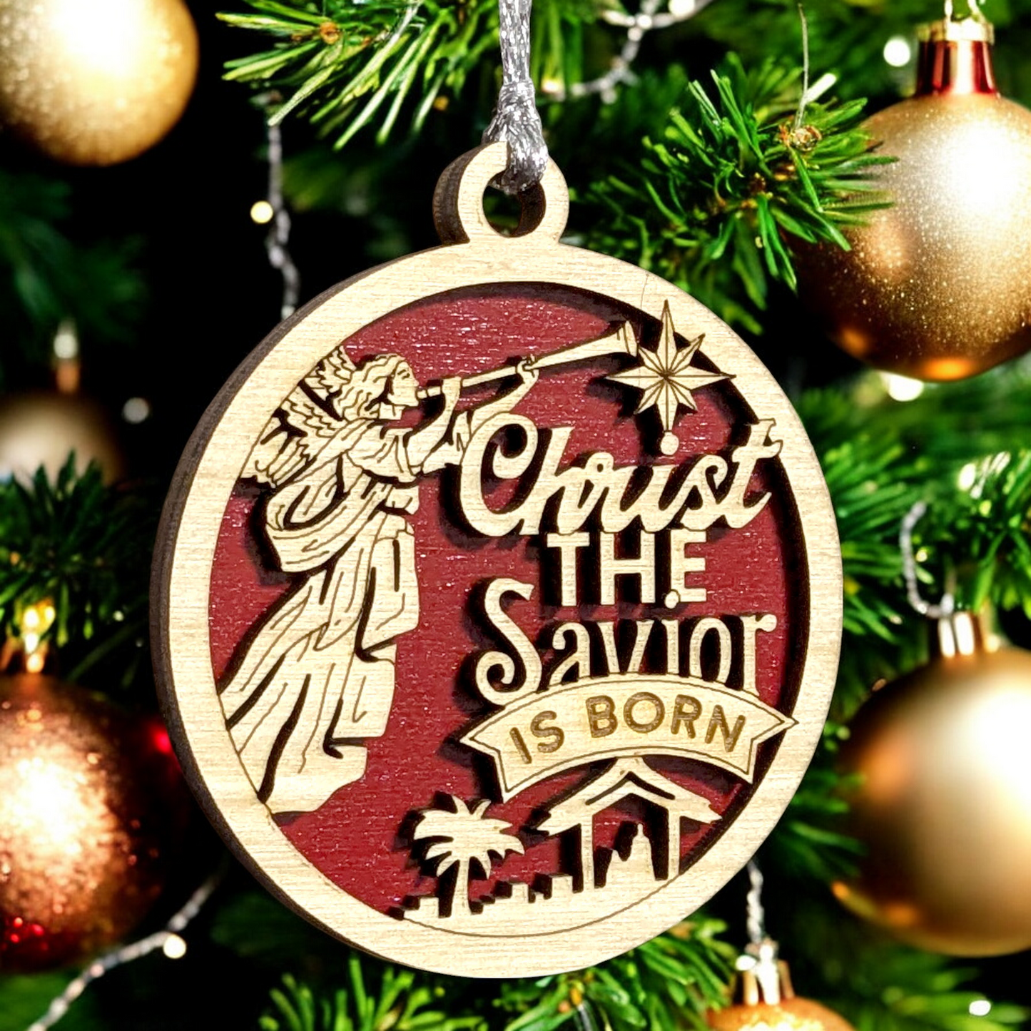 Christ The Savior Is Born - Christmas Ornament - 3" Round Laser Cut Wood Decoration, 2 Layer Natural & Stained, Angel Manger Design, Handcrafted USA Small Business
