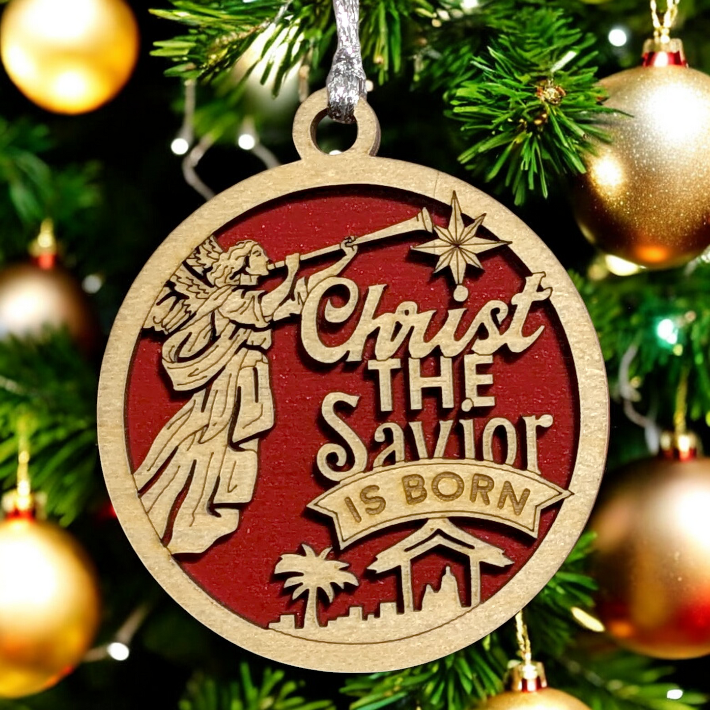 Christ The Savior Is Born - Christmas Ornament - 3" Round Laser Cut Wood Decoration, 2 Layer Natural & Stained, Angel Manger Design, Handcrafted USA Small Business