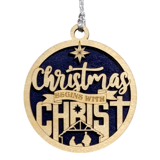 Christmas Begins with Christ - 3" Round Wooden Christmas Ornament - Handcrafted USA Made Laser Cut 2 Layer Manger Scene with Mary Joseph Baby Jesus