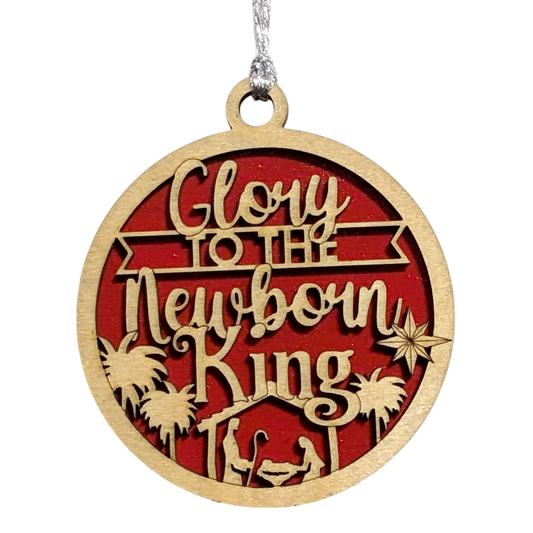 Glory To The Newborn King - 3" Round Wooden Christmas Ornament - Handcrafted USA Made Laser Cut 2 Layer Manger Scene with Palm Trees - Natural Wood Holiday Decor Gift