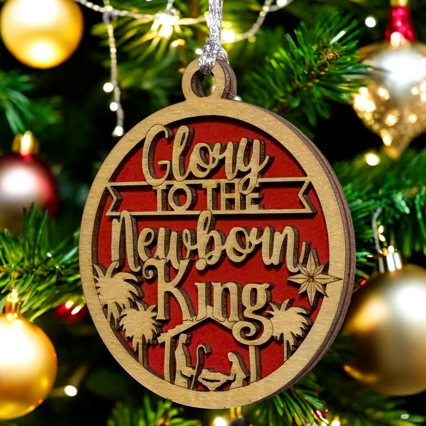 Glory To The Newborn King - 3" Round Wooden Christmas Ornament - Handcrafted USA Made Laser Cut 2 Layer Manger Scene with Palm Trees - Natural Wood Holiday Decor Gift