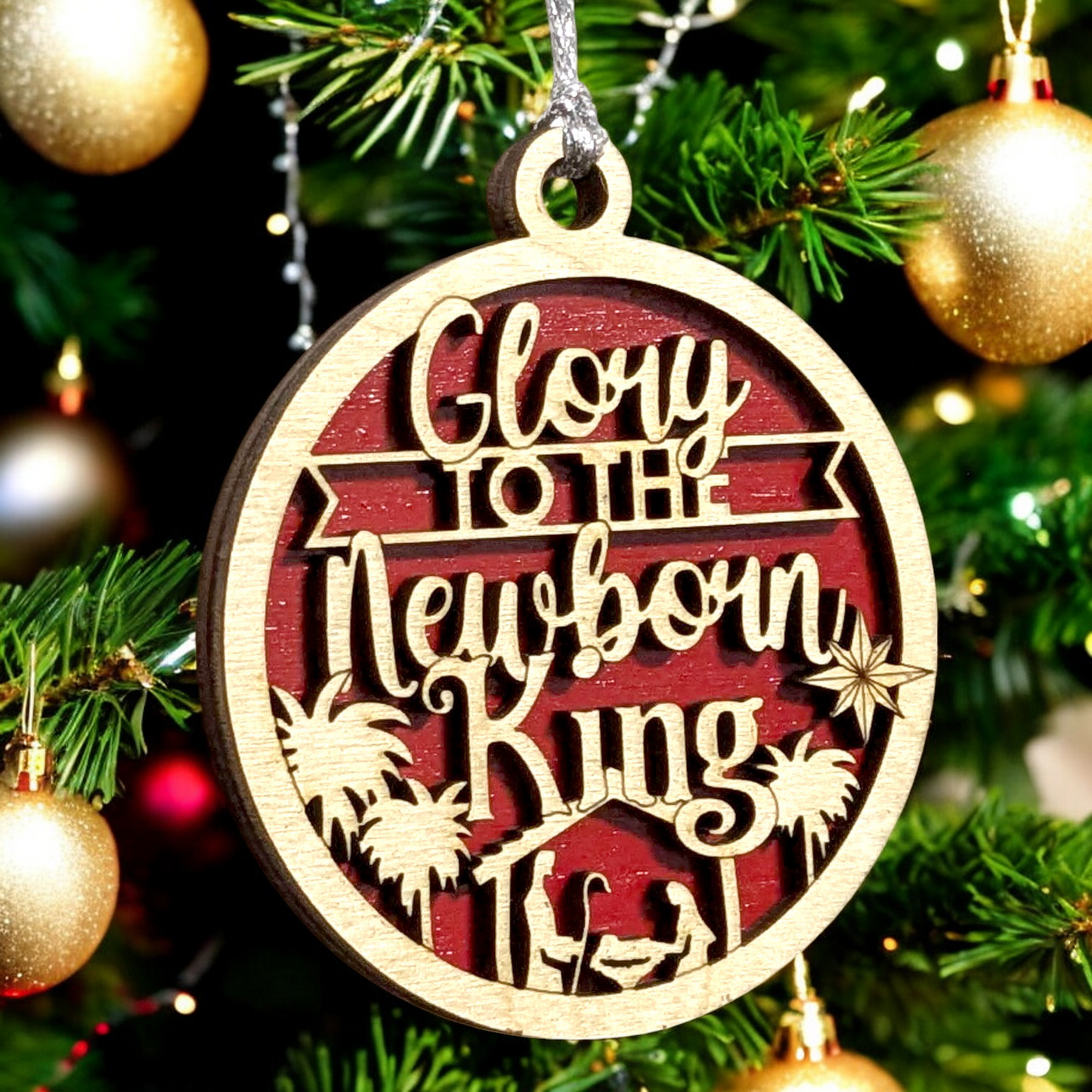 Glory To The Newborn King - 3" Round Wooden Christmas Ornament - Handcrafted USA Made Laser Cut 2 Layer Manger Scene with Palm Trees - Natural Wood Holiday Decor Gift