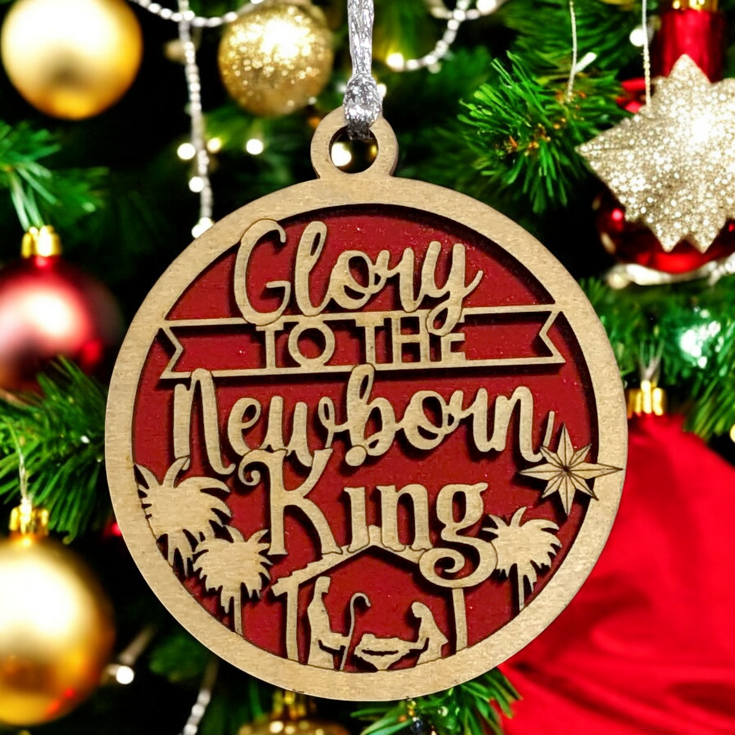 Glory To The Newborn King - 3" Round Wooden Christmas Ornament - Handcrafted USA Made Laser Cut 2 Layer Manger Scene with Palm Trees - Natural Wood Holiday Decor Gift