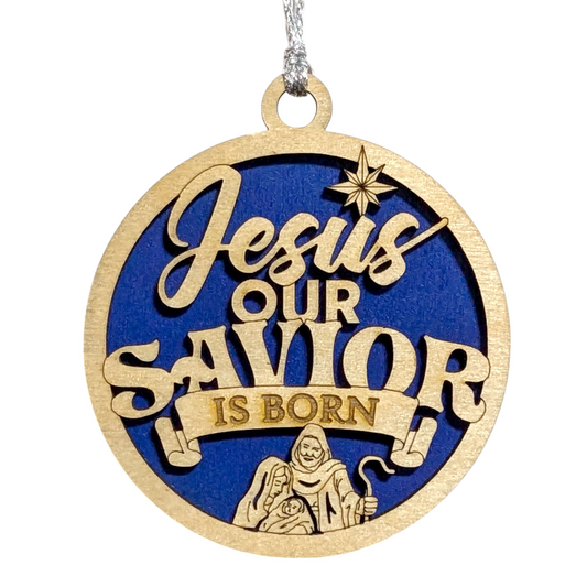 Jesus Our Savior Is Born Christmas Ornament - 3" Round Wooden Nativity Scene with Joseph, Mary & Baby Jesus - Hand Crafted USA Made Religious Holiday Decor Gift
