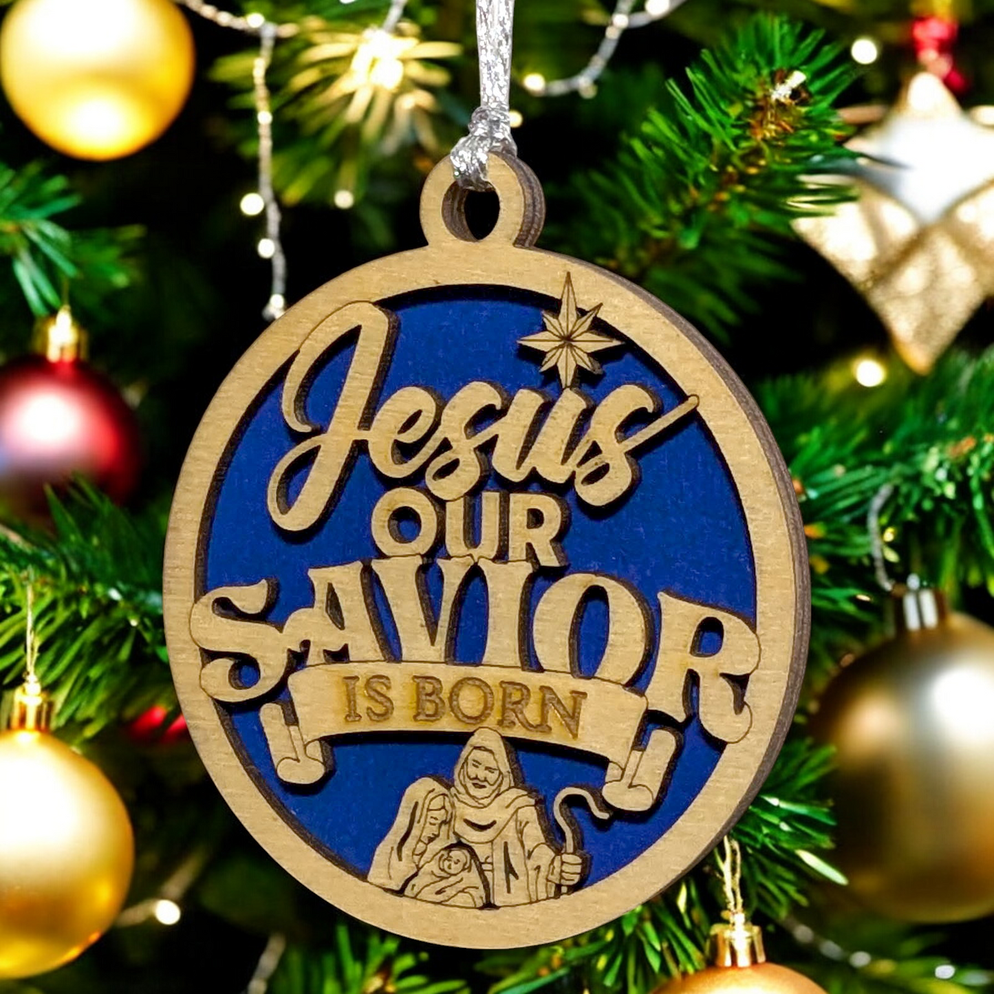 Jesus Our Savior Is Born Christmas Ornament - 3" Round Wooden Nativity Scene with Joseph, Mary & Baby Jesus - Hand Crafted USA Made Religious Holiday Decor Gift