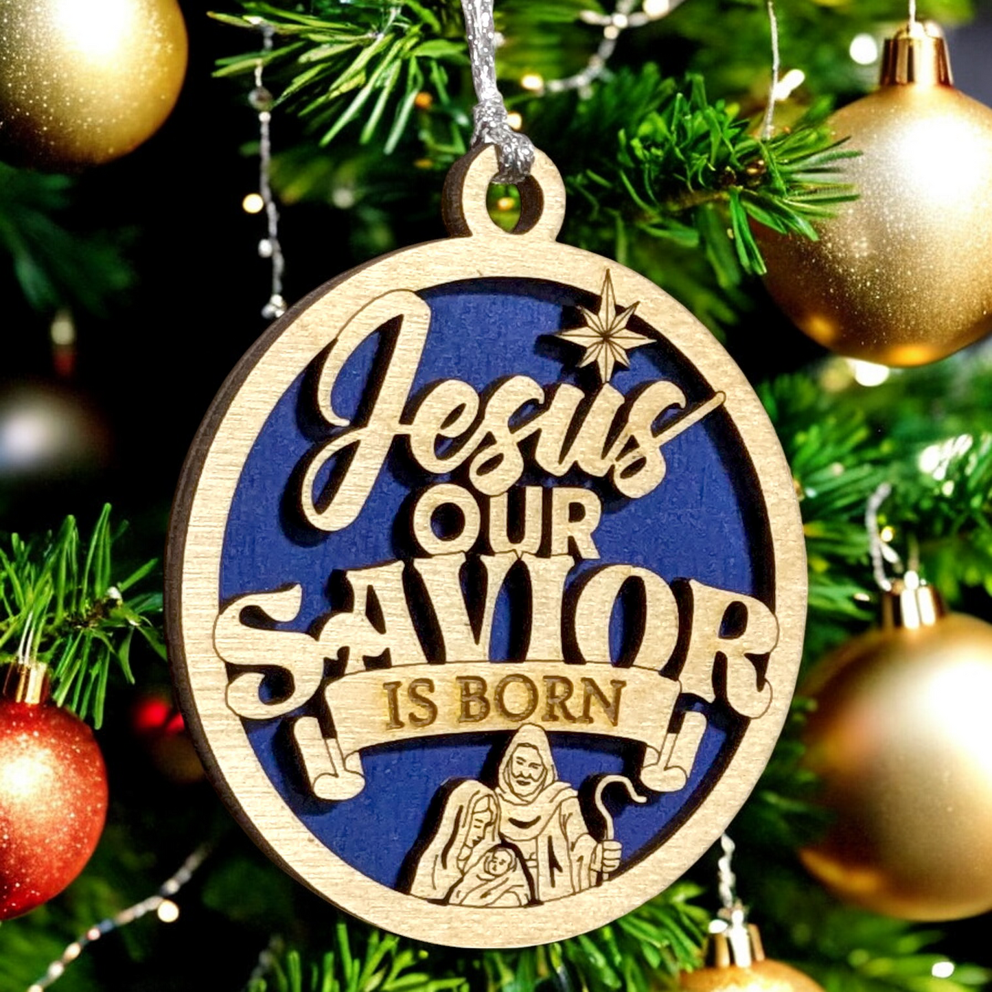 Jesus Our Savior Is Born Christmas Ornament - 3" Round Wooden Nativity Scene with Joseph, Mary & Baby Jesus - Hand Crafted USA Made Religious Holiday Decor Gift
