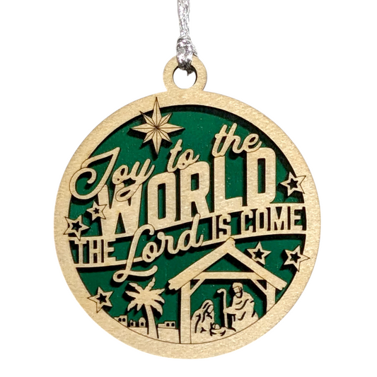 Joy To The World Christmas Ornament - 3" Round Wooden Laser Cut Manger Scene Bethlehem Star Handcrafted USA Small Business Holiday Decor Gift