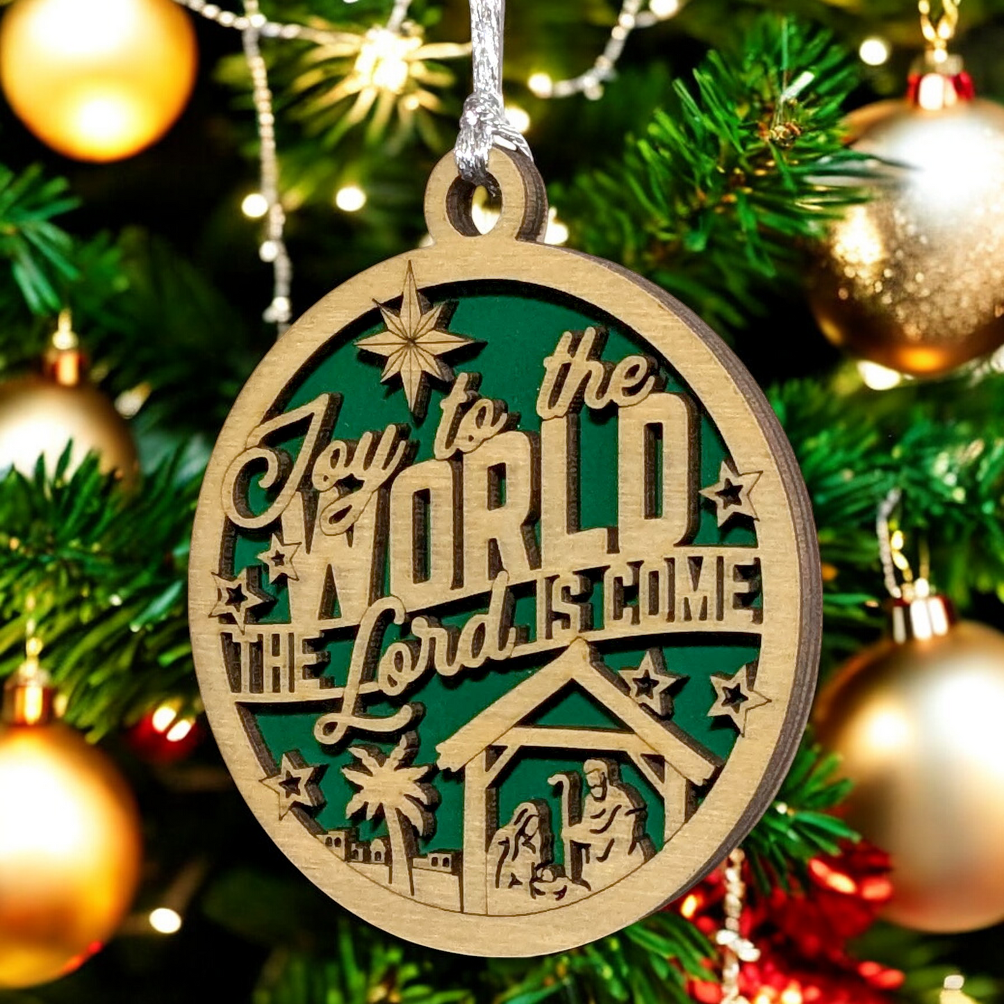Joy To The World Christmas Ornament - 3" Round Wooden Laser Cut Manger Scene Bethlehem Star Handcrafted USA Small Business Holiday Decor Gift
