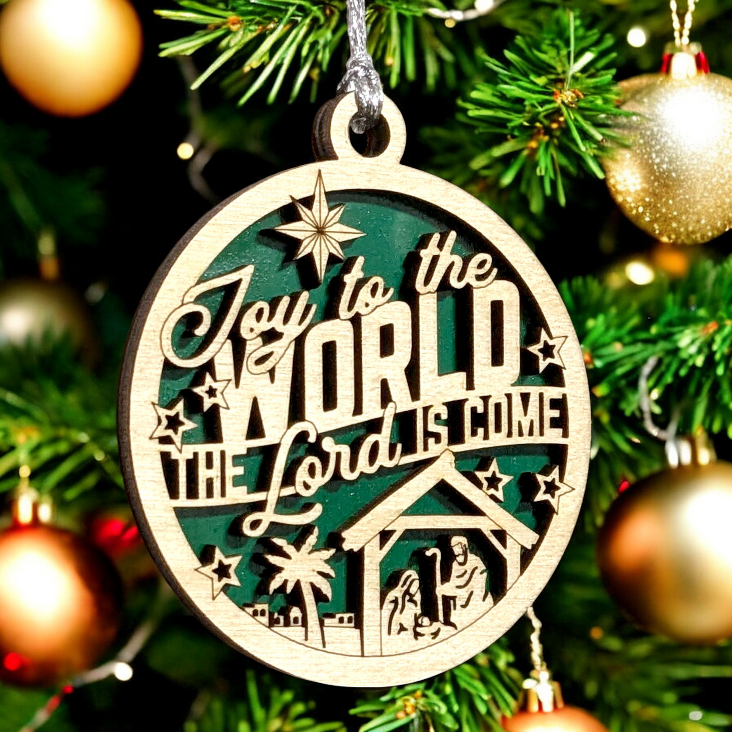 Joy To The World Christmas Ornament - 3" Round Wooden Laser Cut Manger Scene Bethlehem Star Handcrafted USA Small Business Holiday Decor Gift