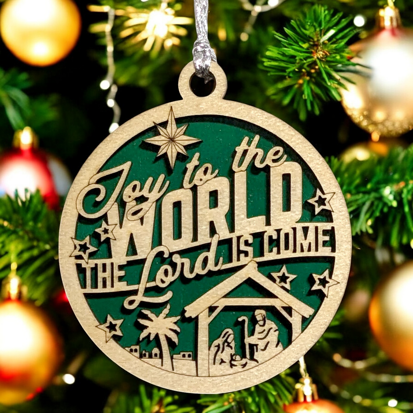 Joy To The World Christmas Ornament - 3" Round Wooden Laser Cut Manger Scene Bethlehem Star Handcrafted USA Small Business Holiday Decor Gift